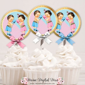 Boxeo Género Revelar Cupcake Topper Rosa vs Azul Rayas Oro Boxer / Tono Claro Bebé Niña / Descarga Instantánea Digital