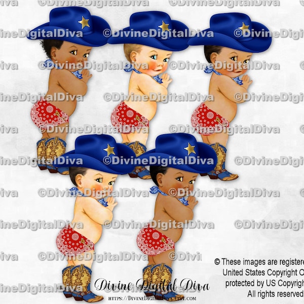 Little Cowboy Royal Blue Red Bandana Diaper Hat Boots Scarf Star | Baby Boy 3 Skin Tones | Clipart Instant Download