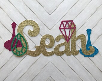 PERSONALIZED Shimmer and Shine Name with Jewels and Genie Bottles - Glitter Die Cut/Cake Topper /Centerpiece/Embellishment