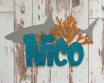 PERSONALIZED Shark Name Glitter Die Cut/Party Decoration/ Embellishment/Cake Topper - Coral