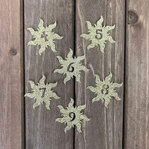 12 pcs Tangled Inspired Sun with CUSTOMIZED Number - Glitter Die Cut/Party Decoration/Garland/Table Scatter/ Embellishment/Cupcake Topper