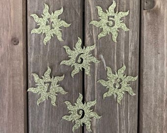 12 pcs Tangled Inspired Sun with CUSTOMIZED Number - Glitter Die Cut/Party Decoration/Garland/Table Scatter/ Embellishment/Cupcake Topper