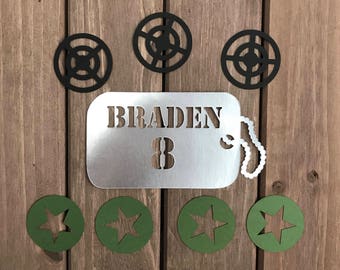 12 pcs Nerf War Inspired Party PERSONALIZED Military Inspired Dog Tag - Die Cuts/Party Decoration/Embellishment/Table Scatter/Cupcake Topper