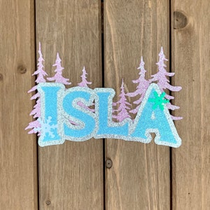 PERSONALIZED Frozen inspired Name and Forest Glitter Die Cut/Party Decoration/ Embellishment/Cake Topper - Elsa