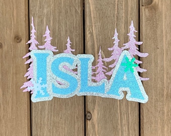 PERSONALIZED Frozen inspired Name and Forest Glitter Die Cut/Party Decoration/ Embellishment/Cake Topper - Elsa