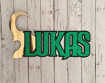 PERSONALIZED Loki inspired Name Glitter and Foil Die Cut/Party Decorations/Centerpiece/Cake Topper