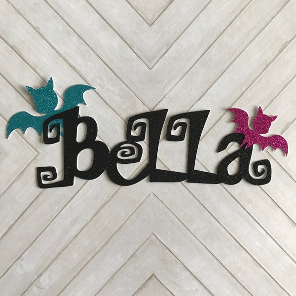 PERSONALIZED Vampirina inspired Name with Two Bat Wings Symbol - Glitter Die Cut/Party Decorations/Embellishment/Cake Topper