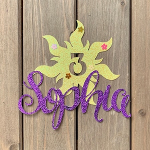 PERSONALIZED Rapunzel/Tangled inspired Name and Number Glitter Die Cut/Party Decoration/Embellishment/Centerpiece/Cake Topper - Sun