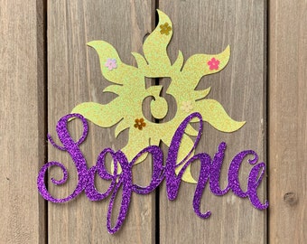 PERSONALIZED Rapunzel/Tangled inspired Name and Number Glitter Die Cut/Party Decoration/Embellishment/Centerpiece/Cake Topper - Sun