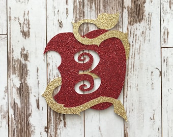 Descendants inspired - Apple Symbol Glitter Die Cut/Birthday Party Decoration/Embellishment/Cake Topper - 3 Years old