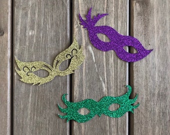 12 pcs Masquerade Mardi Gras Masks - Glitter Die Cut/Party Decoration /Embellishment/Table Scatter/Cupcake Topper - Purple, Gold, and Green