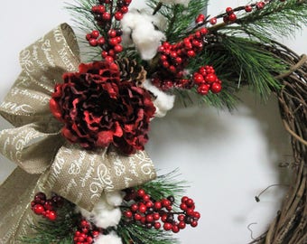 Christmas Wreath, Farmhouse Wreath, Holiday Wreath, Red Christmas Wreath, Christmas Decor, Wreath, Wreath for Front Door, Front Door Wreaths