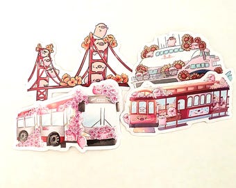 Lindo paquete de pegatinas de cerditos con puntos de referencia del transporte público del área de la bahía de San Francisco, puente Golden Gate, ferry y teleférico