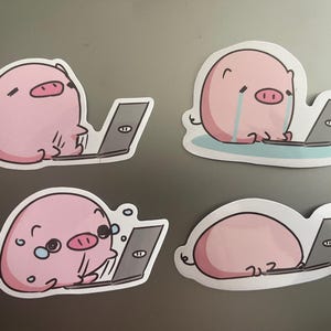May include: Four pink pig stickers with different expressions. Each pig is sitting at a laptop computer. One pig is crying, one is looking at the screen, one is looking away from the screen, and one is looking at the screen with a confused expression.