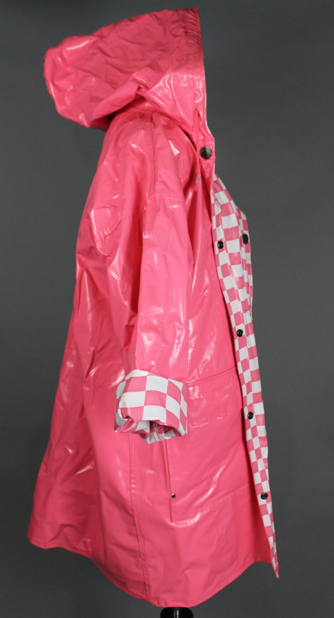 80s PINK & WHITE RAINCOAT checkered raincoat reversible | Etsy