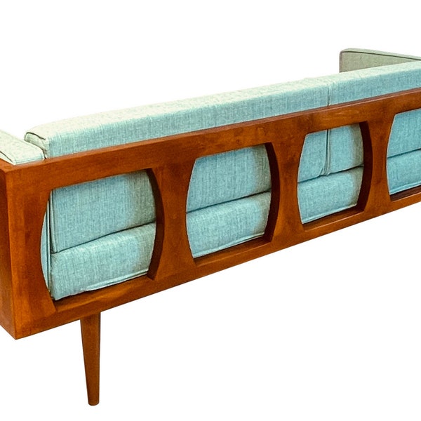 Mid Century Modern Sofa: Walnut Alder Wood, Hourglass Design