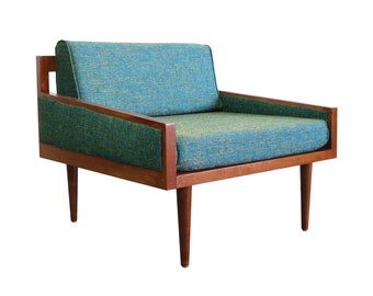 Mid Century Modern Armchair: Walnut Alder Wood, Stain-Repellent Fabric