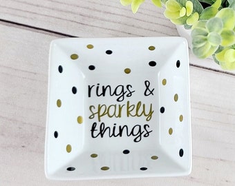Rings & Sparkly Things Ring Dish • Black and Gold Ring Storage • Jewelry Dish •Jewelry Storage • Engagement Gift