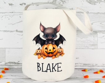 Personalized Trick Or Treat Candy Bag / Halloween Bag For Kids / Easy To Carry Round Bottom Canvas Tote Bag