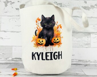 Personalized Trick Or Treat Candy Bag / Watercolor Cat Halloween Bag For Kids / Easy To Carry Round Bottom Canvas Tote Bag