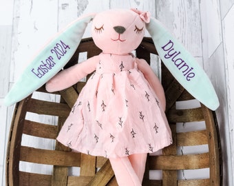 Personalized Bunny Doll, Baby's First Easter, Custom New Baby Gift, Keepsake, Pink Plush Rabbit, Easter Bunny