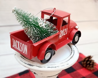 Personalized Red Truck Christmas Ornament: Rustic Metal Farmhouse Decor
