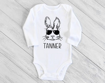 Custom Easter Shirt With Name / Personalized T-Shirt / Bunny With Sunglasses / Toddler Boy Bunny Tee