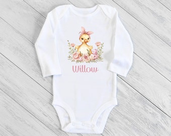 Girls Personalized Easter Shirt / Easter One Piece Infant Bodysuit / Baby's First Easter / Duck Shirt With Name