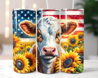 Cow With American Flag And Sunflowers Tumbler/ Metal Cup / Custom 20 Ounce Insulated Tumbler With Lid And Straw