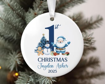 Blue Baby's First Christmas Ceramic Ornament, Personalized Santa Holiday Decor, Newborn Baby Gift