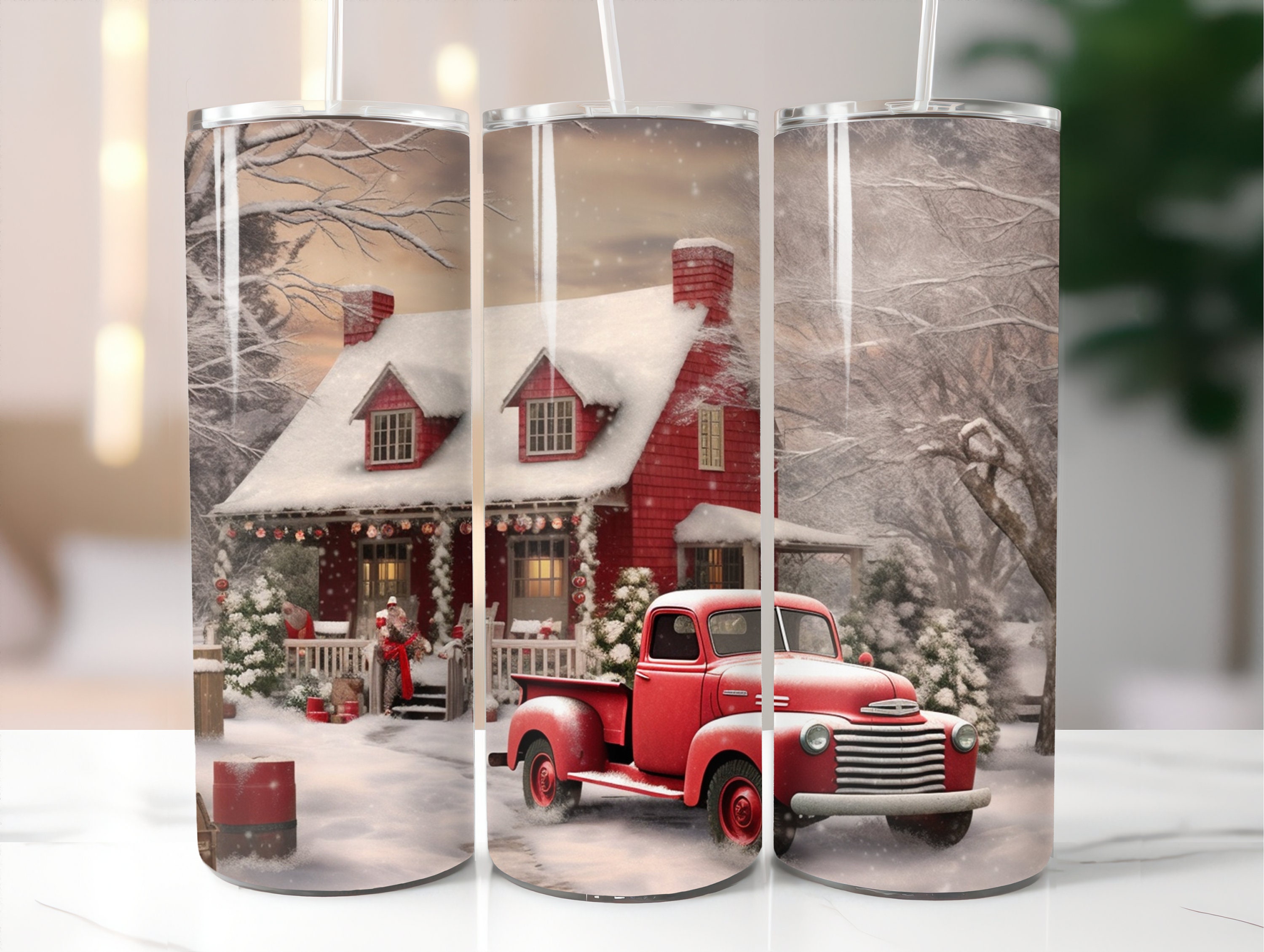 Red Truck Christmas Tumbler: 20 oz Insulated Holiday Cup