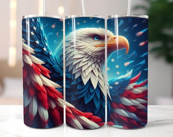 3D Eagle And American Flag Tumbler / 4th Of July Cup / Custom 20 Ounce Insulated Tumbler With Lid And Straw
