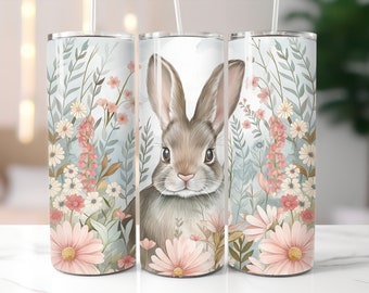 Easter Bunny Tumbler / Realistic Pink Floral Rabbit Cup / Custom 20 Ounce Insulated Tumbler With Lid And Straw