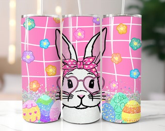 Pink Easter Tumbler / Bunny With Sunglasses  / Custom 20 Ounce Insulated Tumbler With Lid And Straw