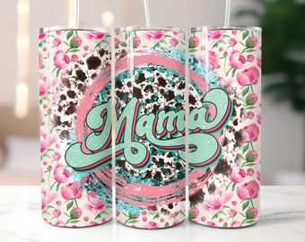 Retro Mama Tumbler / Western Cow Print / Distressed Floral / Custom Insulated Tumbler With Lid And Straw