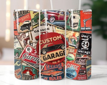 Dad's Garage Tumbler / Distressed Car Shop Signs / Custom Insulated Tumbler With Lid And Straw