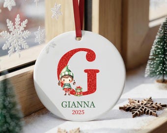 Girl Elf Monogram Christmas Ornament, Personalized Holiday Keepsake Ornament For A Girl