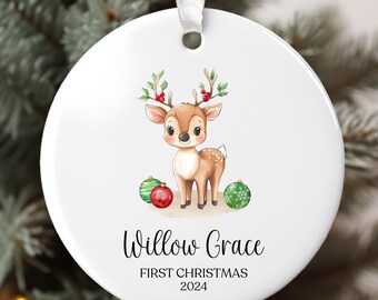 Personalized Baby's First Christmas Deer Ornament, Reindeer Ceramic Keepsake Ornament