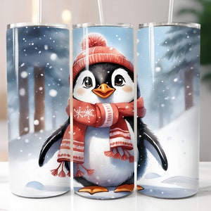 Penguin Tumbler / Winter Scene Cup / Custom 20 Ounce Insulated Tumbler With Lid And Straw