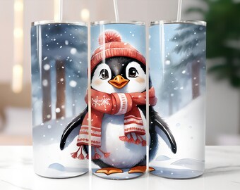Penguin Tumbler / Winter Scene Cup / Custom 20 Ounce Insulated Tumbler With Lid And Straw