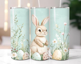 Easter Bunny Tumbler: Pastel Floral Rabbit, Insulated 20 oz Cup