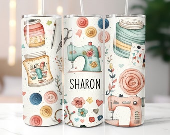 Personalized Sewing Theme Tumbler / Seamstress Cup / Custom 20 Ounce Insulated Tumbler With Lid And Straw
