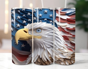 3D Eagle And American Flag Tumbler / 4th Of July Cup / Custom 20 Ounce Insulated Tumbler With Lid And Straw