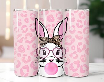 Pink Easter Tumbler / Bunny Blowing Bubble / Custom 20 Ounce Insulated Tumbler With Lid And Straw