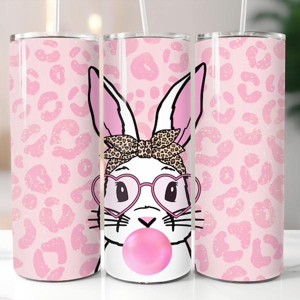 Pink Easter Tumbler / Bunny Blowing Bubble / Custom 20 Ounce Insulated Tumbler With Lid And Straw