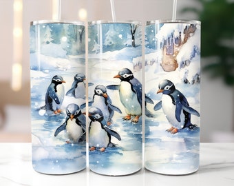 Penguin Tumbler / Snowy Scene Cup / Custom 20 Ounce Insulated Tumbler With Lid And Straw