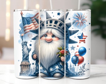 Gnome Statue Of Liberty Tumbler / 4th Of July Cup / Custom 20 Ounce Insulated Tumbler With Lid And Straw