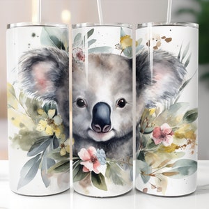 Watercolor Koala Tumbler / Koala With Flowers Cup / Custom 20 Ounce Insulated Tumbler With Lid And Straw