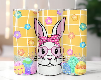 Yellow Easter Tumbler / Bunny With Sunglasses  / Custom 20 Ounce Insulated Tumbler With Lid And Straw