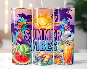 Summer Vibes Tumbler / Beach Tumbler Cup / Custom 20 Ounce Insulated Tumbler With Lid And Straw